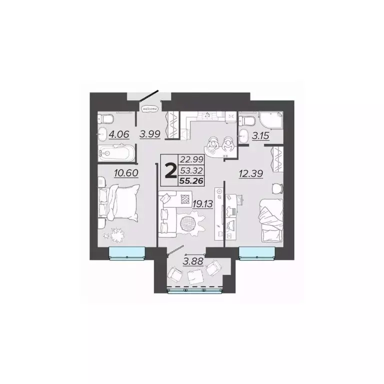 2-к кв. Брянская область, Брянск Архитектор жилой комплекс (55.26 м) - Фото 1