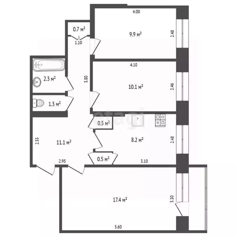 3-к кв. Саха (Якутия), Якутск ул. Каландаришвили, 40/9 (62.2 м) - Фото 2