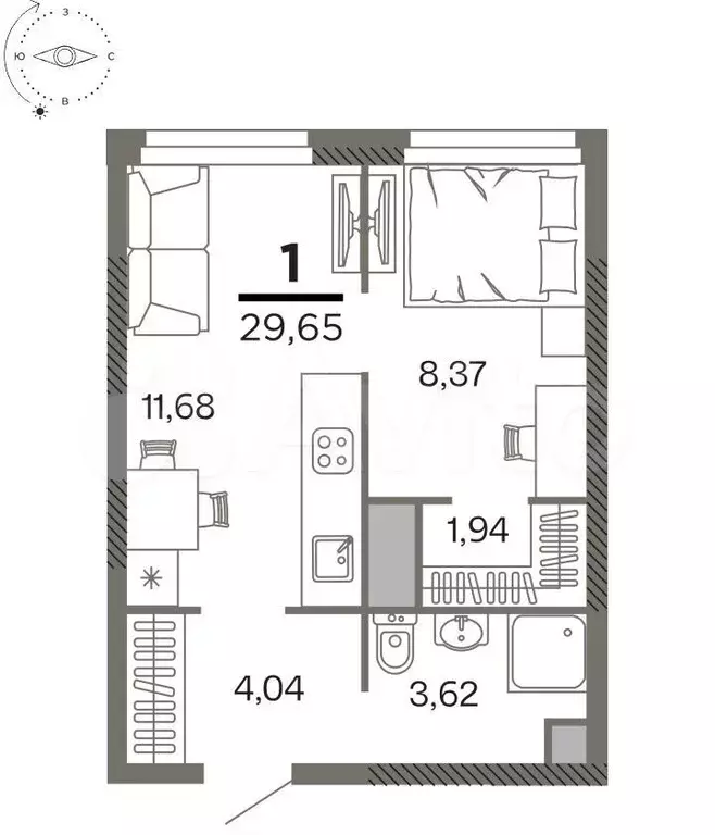 1-к. квартира, 29,7 м, 8/26 эт. - Фото 1