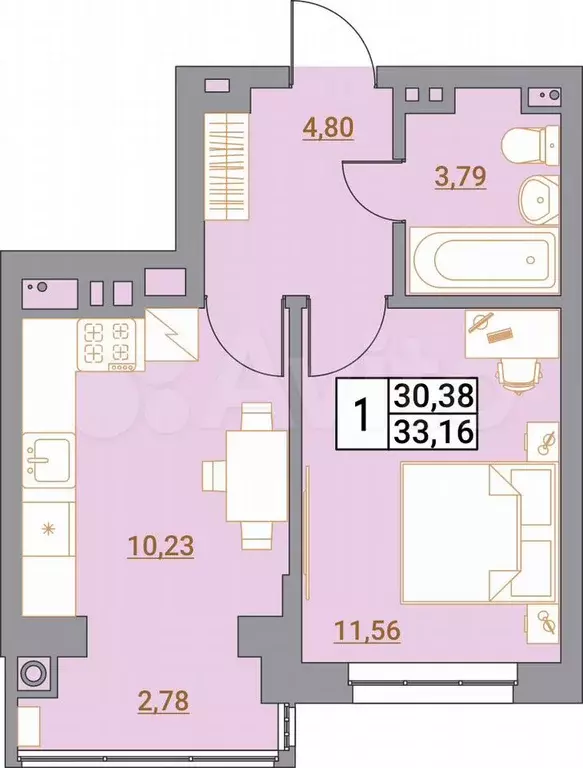 1-к. квартира, 33,2 м, 3/5 эт. - Фото 0