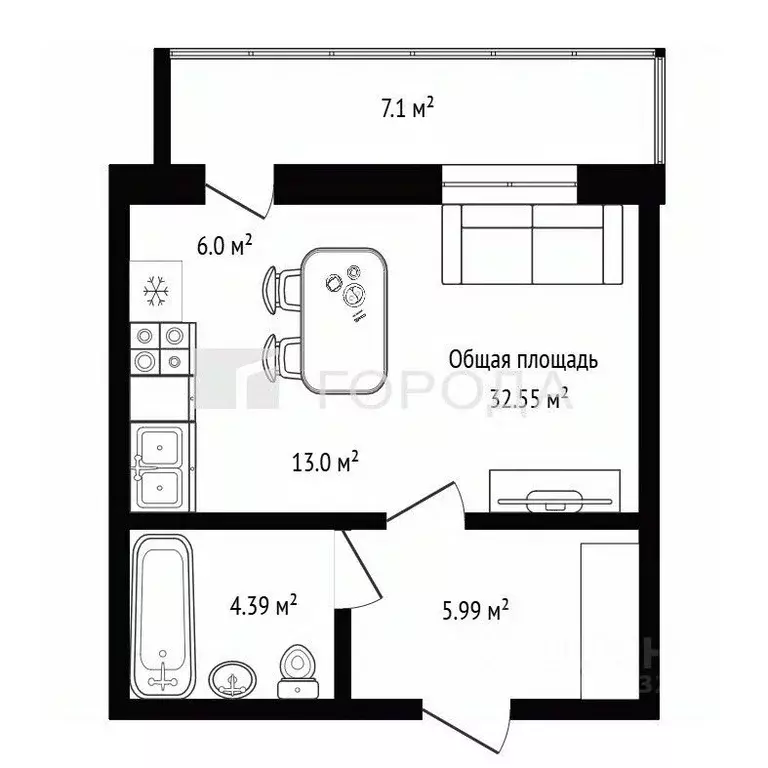 Студия Новосибирская область, Новосибирск ул. Гоголя, 222 (31.6 м) - Фото 1