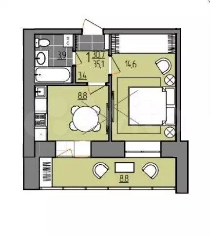 1-к. квартира, 35,1 м, 8/9 эт. - Фото 0