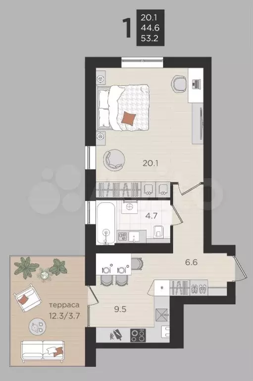 1-к. квартира, 45 м, 1/4 эт. - Фото 1