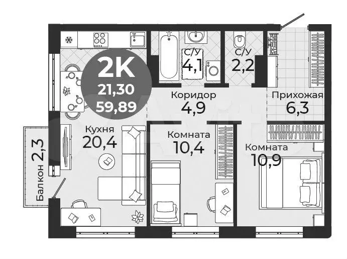 2-к. квартира, 59,9 м, 17/24 эт. - Фото 0