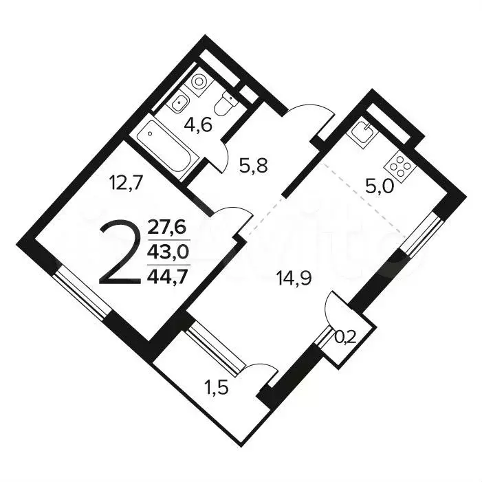 2-к. квартира, 44,7 м, 12/12 эт. - Фото 0