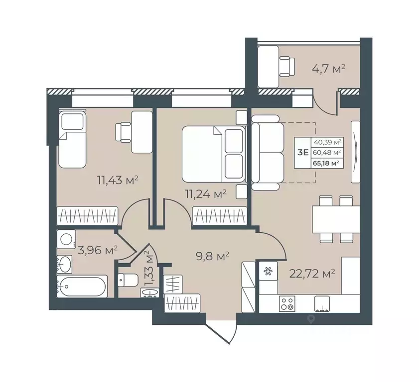 3-к кв. Воронежская область, Богучар Рябиновый жилой комплекс (65.18 ... - Фото 1