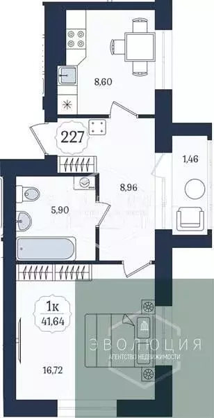 1-к. квартира, 41,6 м, 1/9 эт. - Фото 0