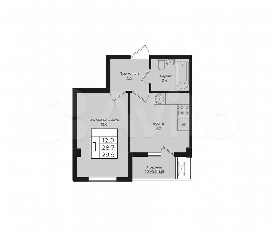 1-к. квартира, 29,9 м, 1/9 эт. - Фото 1