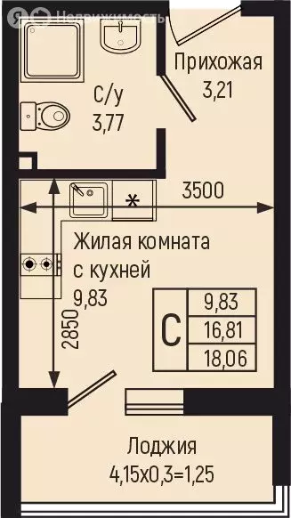 Квартира-студия: село Небуг, квартал Спортивный (18.06 м) - Фото 0