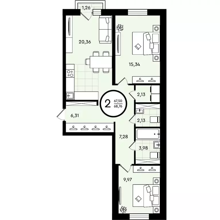 2-комнатная квартира: Тюмень, улица Александра Звягина, 3 (68.76 м) - Фото 0