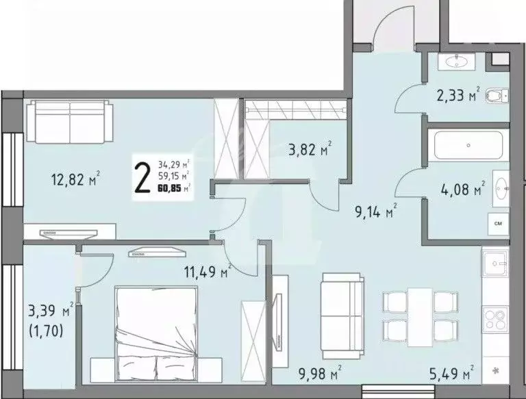 2-к кв. Краснодарский край, Краснодар ул. Михаила Барибана, 5 (60.85 ... - Фото 2