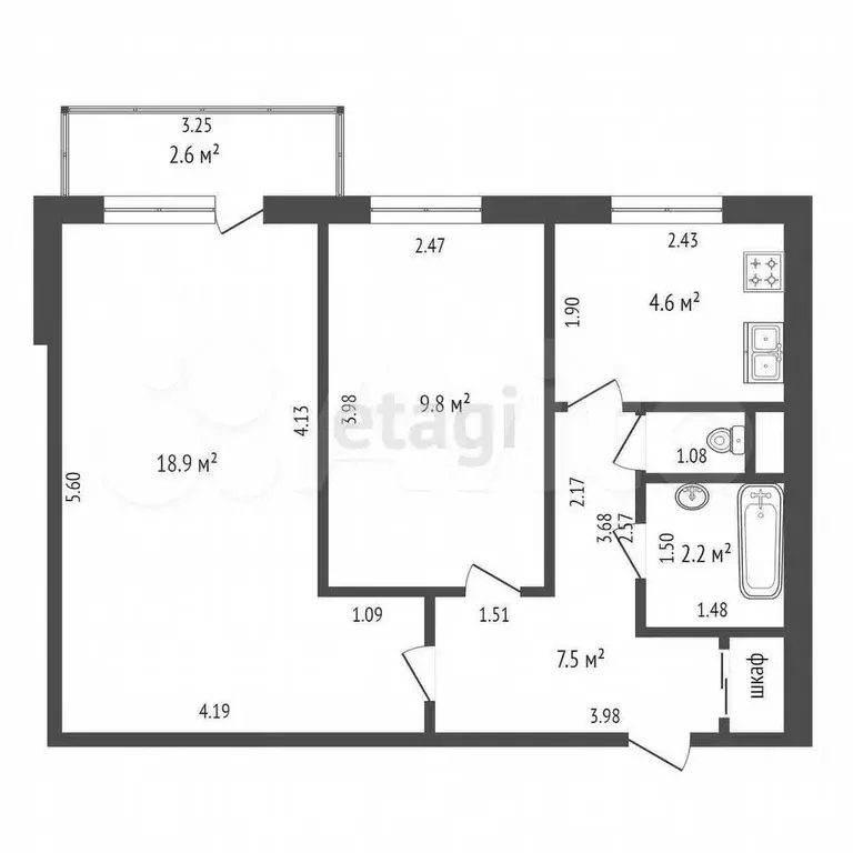 2-к. квартира, 43,8 м, 5/9 эт. - Фото 0