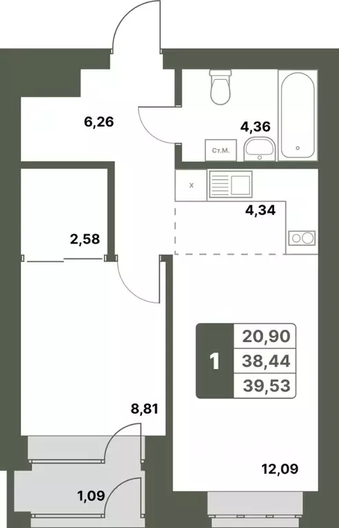 1-к кв. Башкортостан, Уфимский район, с. Миловка  (39.53 м) - Фото 1