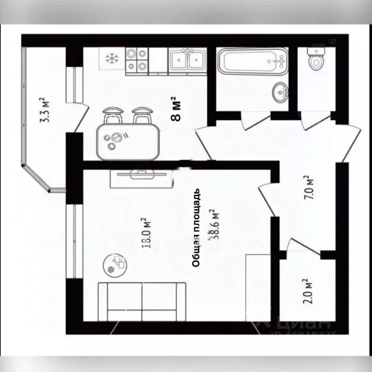 Квартира, 1 комната, 38.6 м - Фото 1