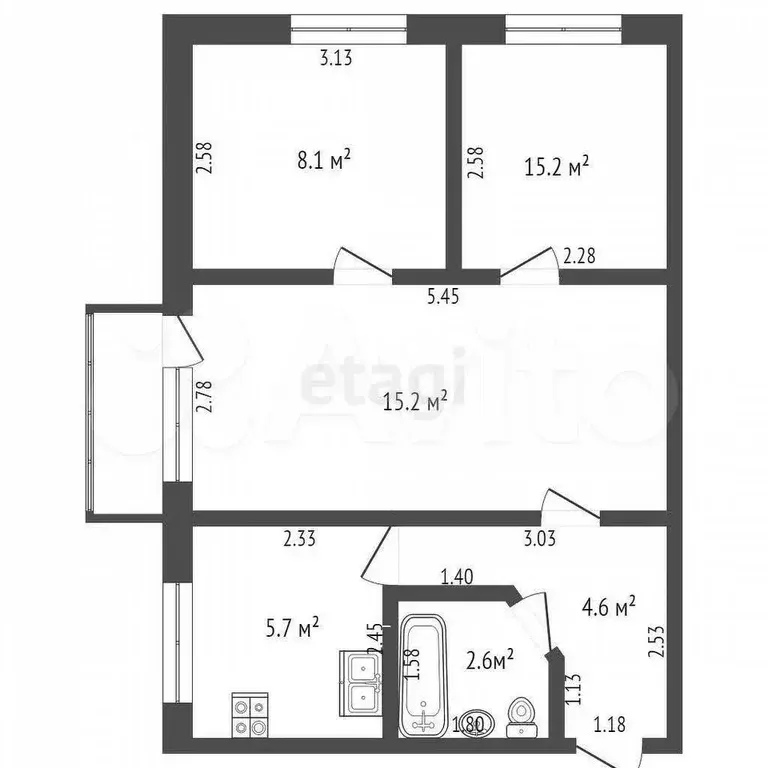 3-к. квартира, 42,1 м, 2/2 эт. - Фото 0