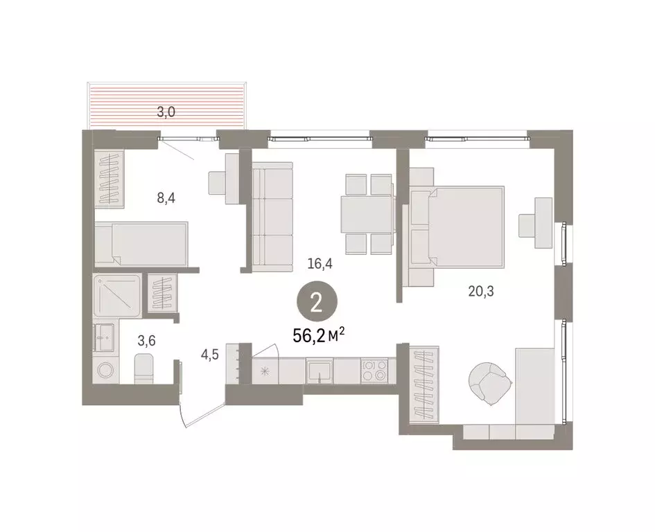 2-комнатная квартира: Пермь, улица Солдатова (56.24 м) - Фото 2