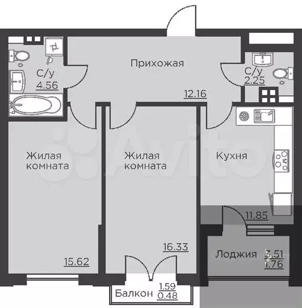 2-к. квартира, 65 м, 3/18 эт. - Фото 0
