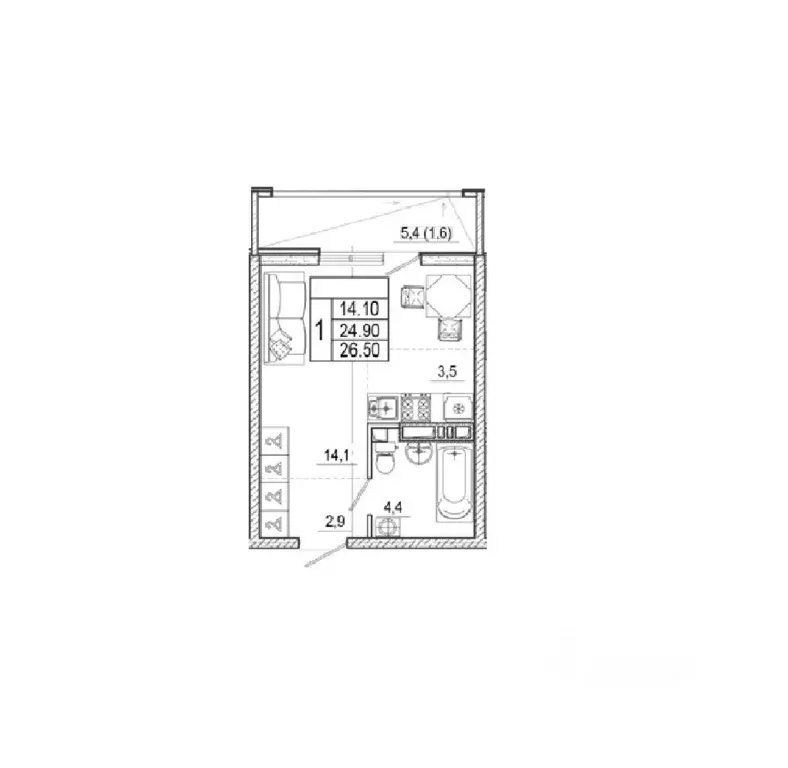 Студия Краснодарский край, Сочи Кудепста мкр,  (26.5 м) - Фото 1
