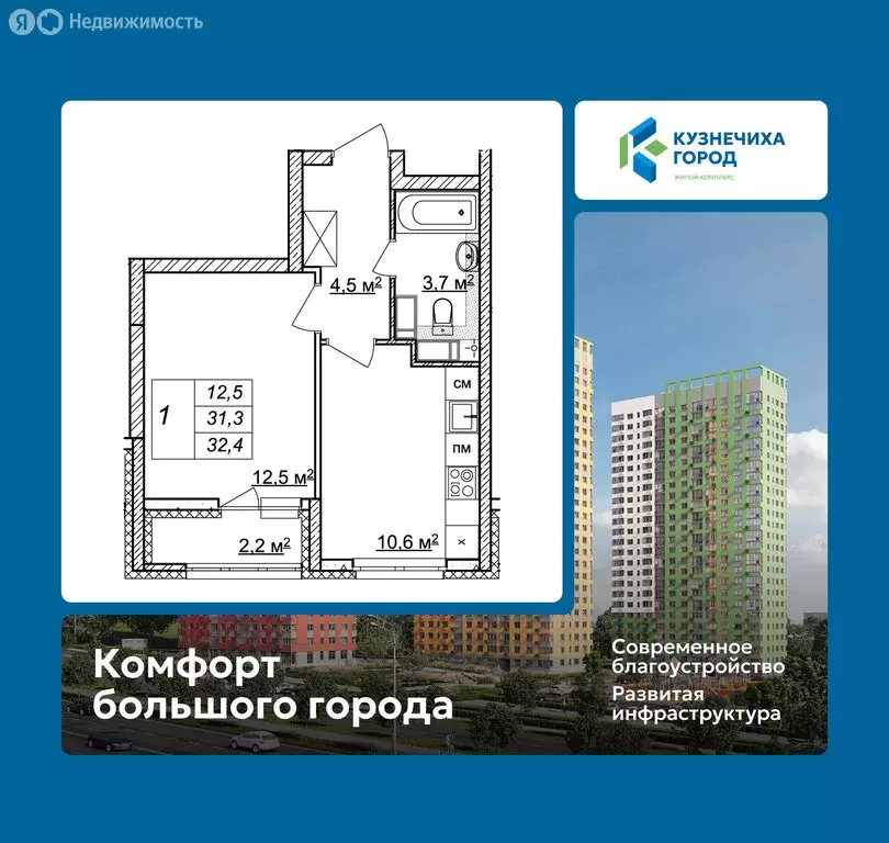 1-комнатная квартира: Нижний Новгород, ЖК Кузнечиха Город, 13 (32.4 м) - Фото 1