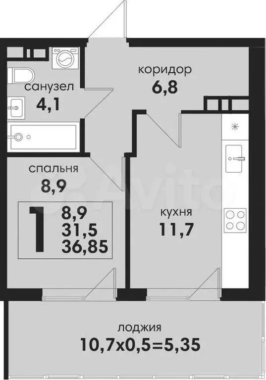 1-к. квартира, 36,9м, 2/4эт. - Фото 1