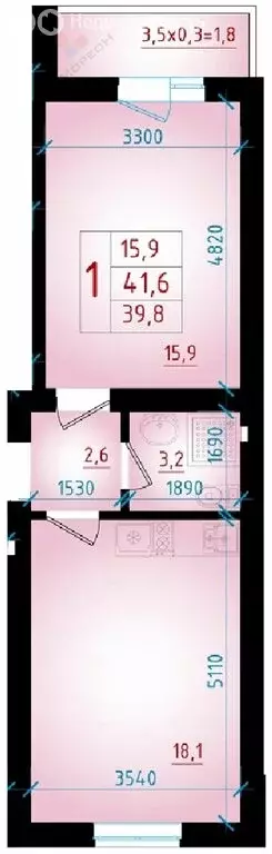 1-комнатная квартира: Новая Адыгея, Бжегокайская улица, 90/2к10 (41.6 ... - Фото 0