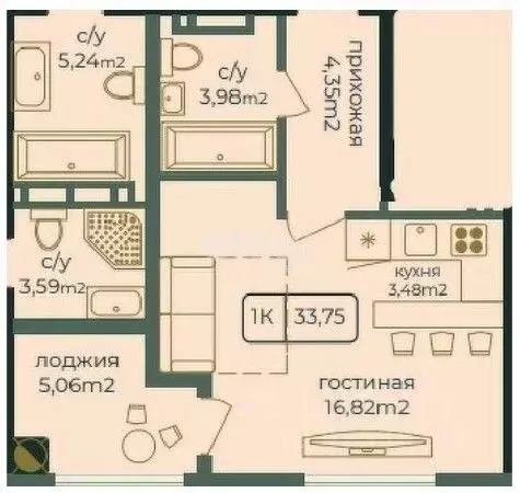 1-к кв. Дагестан, Каспийск просп. Акулиничева (33.75 м) - Фото 0