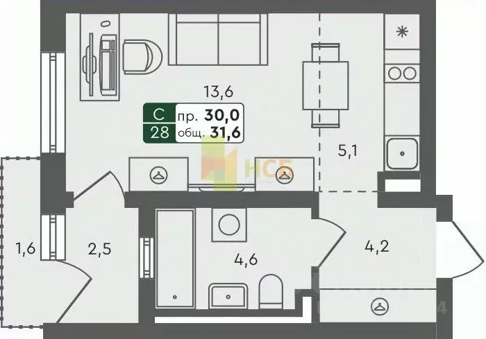 Студия Омская область, Омск Красноярский тракт (31.6 м) - Фото 1