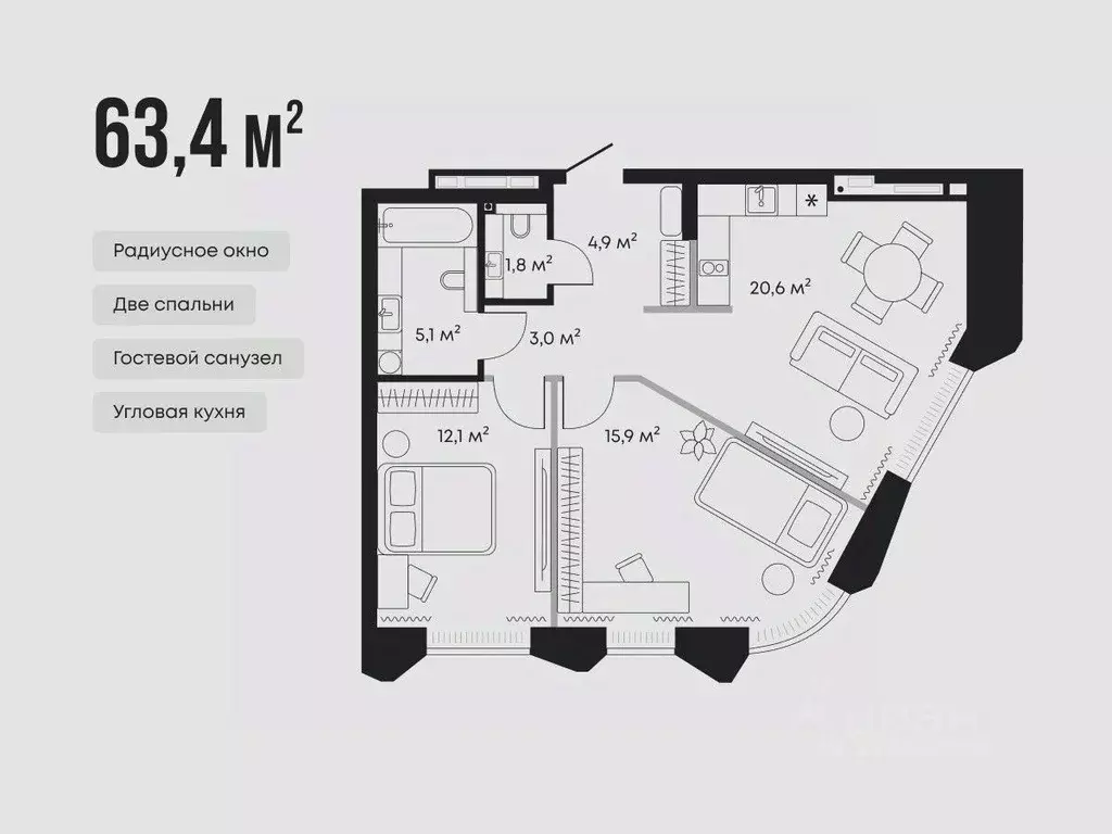 2-к кв. Тюменская область, Тюмень  (63.4 м) - Фото 1