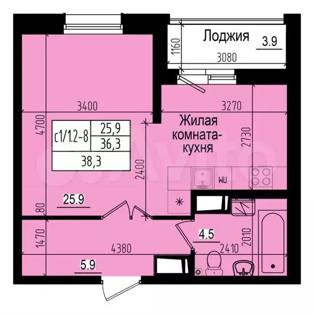 Квартира-студия, 38,3 м, 3/23 эт. - Фото 0