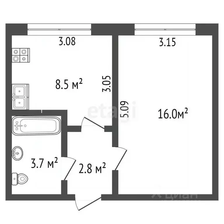 1-к кв. Ямало-Ненецкий АО, Ноябрьск Магистральная ул., 55Б (36.0 м) - Фото 2