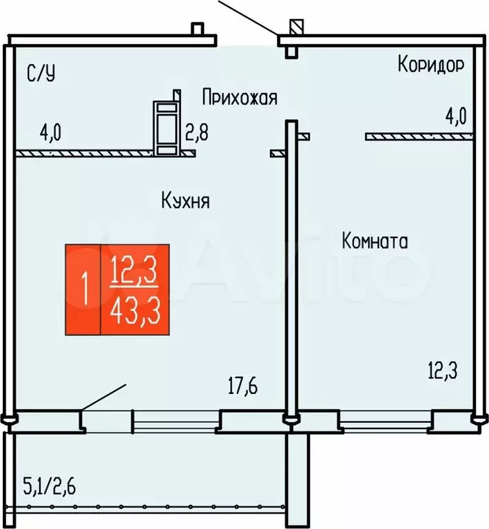 1-к. квартира, 43,3 м, 9/10 эт. - Фото 0