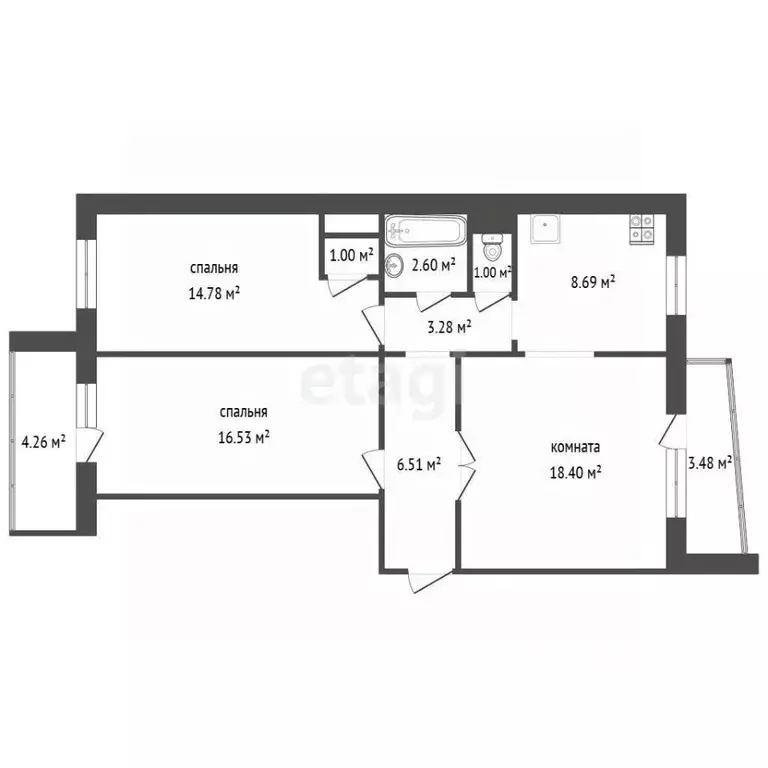 3-к кв. Челябинская область, Челябинск ул. Петра Сумина, 8 (72.7 м) - Фото 2