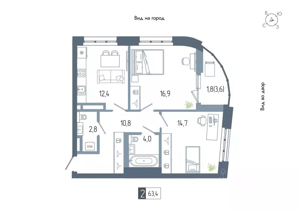 2-к кв. Башкортостан, Уфа Глумилино жилрайон, Аурум жилой комплекс ... - Фото 1