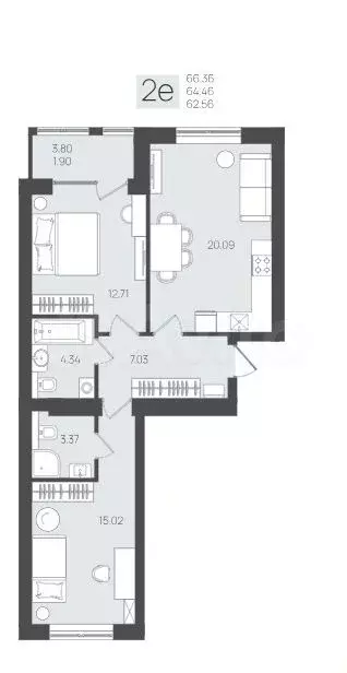 2-к. квартира, 64,5 м, 2/5 эт. - Фото 1