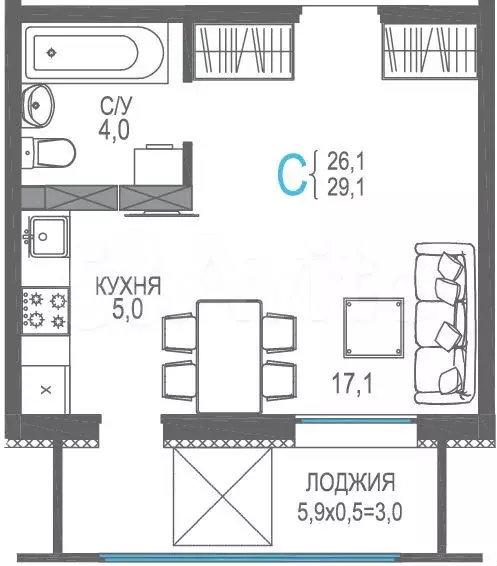 Квартира-студия, 31,9м, 9/9эт. - Фото 0