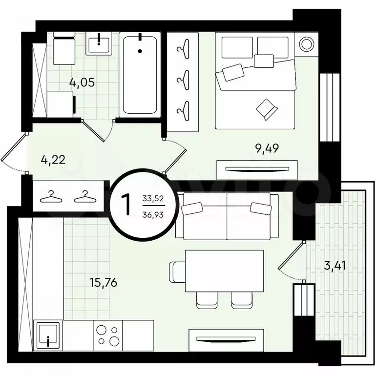1-к. квартира, 36,9 м, 3/4 эт. - Фото 0