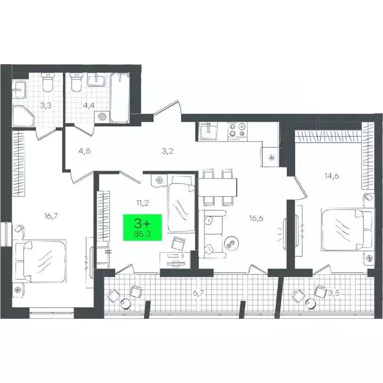 3-к кв. Тюменская область, Тюмень ул. Василия Малкова, 9 (85.31 м) - Фото 0