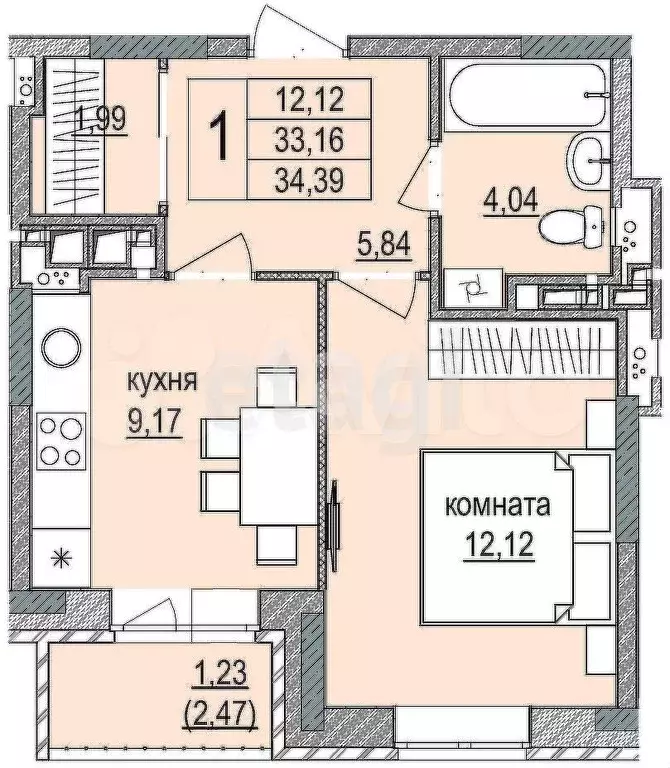 1-к. квартира, 35 м, 5/9 эт. - Фото 0