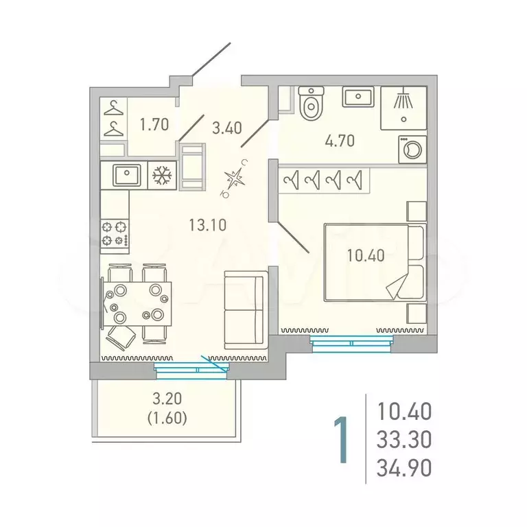 1-к. квартира, 34,9 м, 3/16 эт. - Фото 0