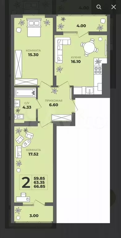 2-к. квартира, 63,4 м, 8/8 эт. - Фото 1