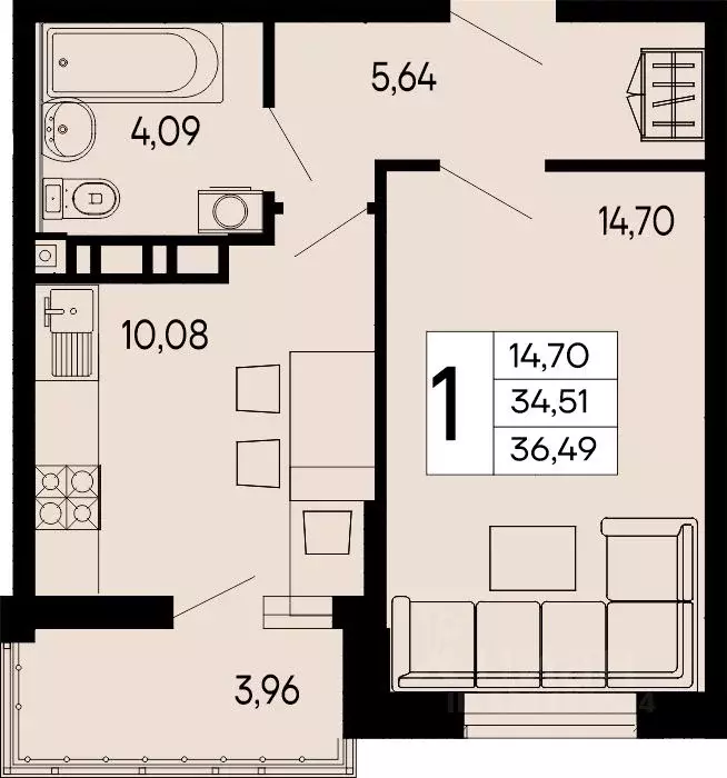 1-к кв. Адыгея, Майкоп 9 Мая ул. (36.49 м) - Фото 1