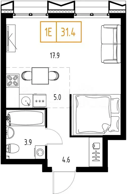 1-к. квартира, 31,4 м, 7/9 эт. - Фото 0