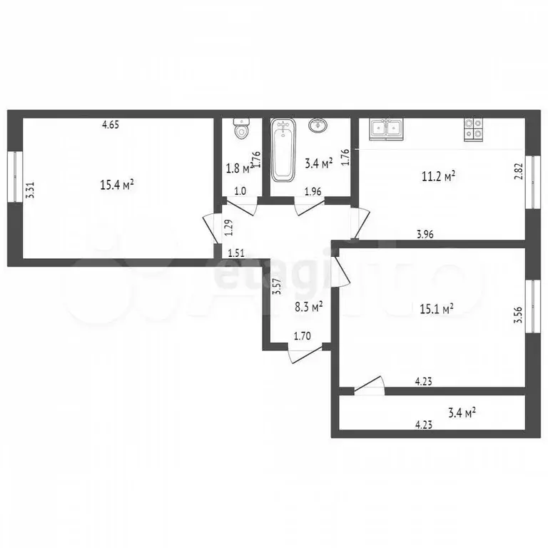 2-к. квартира, 58,6 м, 1/6 эт. - Фото 0