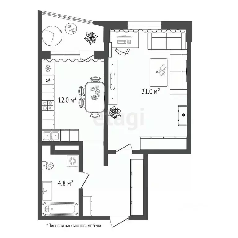 1-к кв. Тюменская область, Тюмень Заречный проезд, 39А (50.5 м) - Фото 1