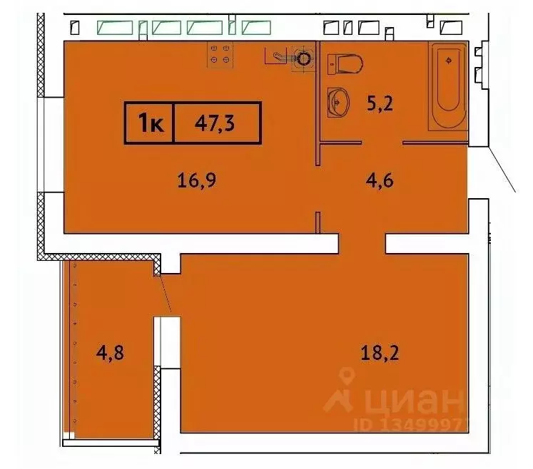 1-к кв. ивановская область, иваново ул. смирнова (47.3 м) - Фото 0