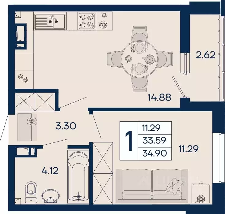 1-к кв. Краснодарский край, Краснодар  (34.9 м) - Фото 1