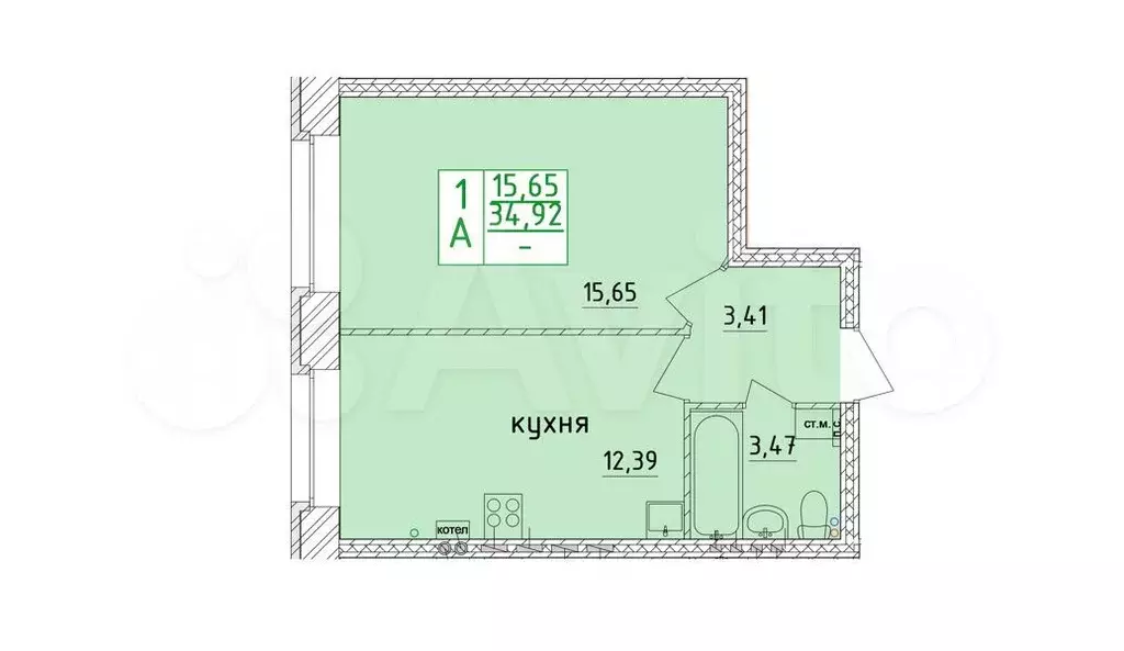 1-к. квартира, 34,9 м, 2/3 эт. - Фото 1