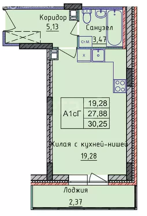 Квартира-студия: Ярославль, район Дядьково, 2-й микрорайон (30.25 м) - Фото 1