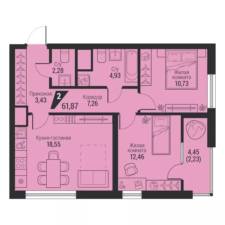 2-комнатная квартира: Екатеринбург, проспект Космонавтов, 100 (61.87 ... - Фото 1