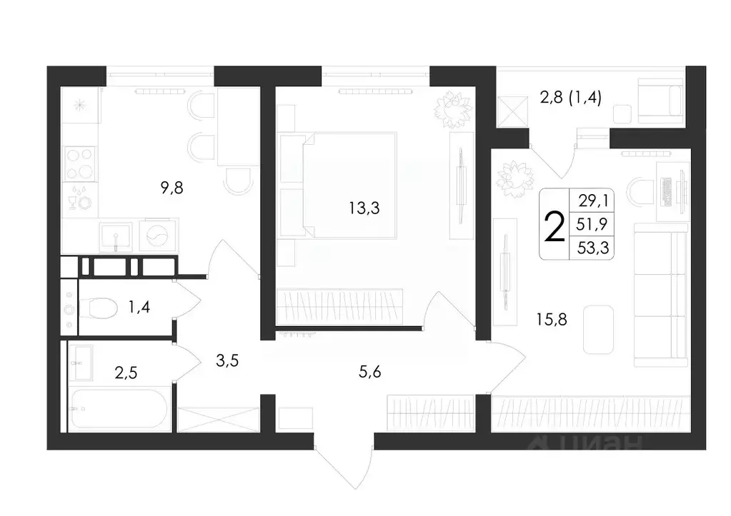 2-к кв. Воронежская область, Воронеж ул. Загоровского, 5/3 (53.3 м) - Фото 0